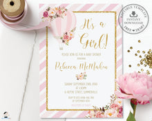 Load image into Gallery viewer, Pink and Gold Floral Hot Air Balloon Baby Shower Invitation Editable Template - Instant Download - Digital Printable File - HB1