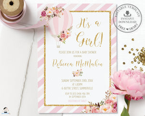 Pink and Gold Floral Hot Air Balloon Baby Shower Invitation Editable Template - Instant Download - Digital Printable File - HB1