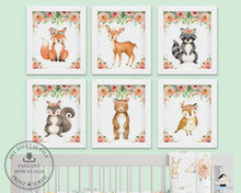Load image into Gallery viewer, Tribal Pink Floral Greenery Woodland Animals Nursery Wall Art - Instant Download - WG5