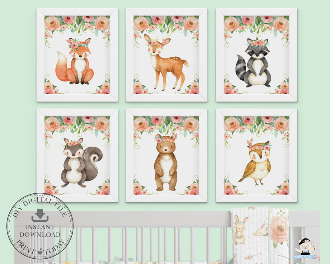 Tribal Pink Floral Greenery Woodland Animals Nursery Wall Art - Instant Download - WG5