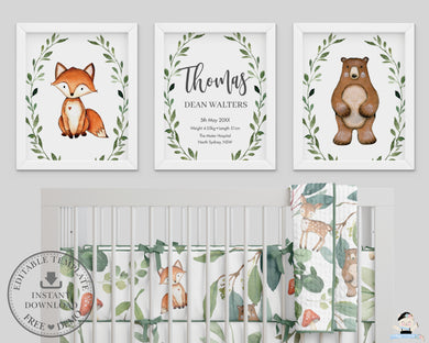 Greenery Bear Fox Woodland Animals Nursery Wall Art - Instant Download - WG7