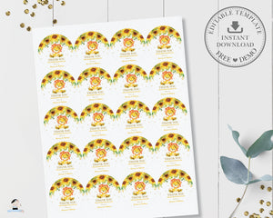 Cute Lion Sunflower Floral Circle Round 2 Inches Labels Sticker Tag Editable Template - Digital Printable File - Instant Download - LN1