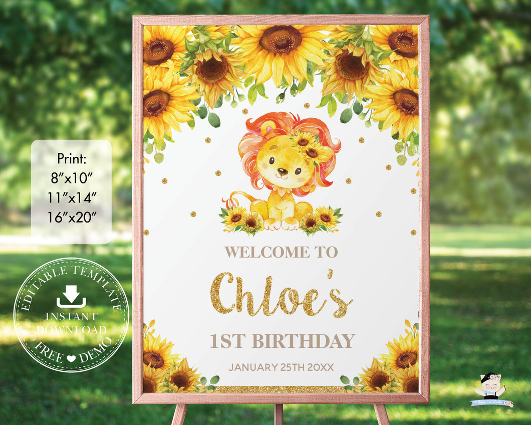 Cute Baby Lion Sunflower Floral Welcome Sign Editable Template - Digital Printable File - Instant Download - LN1