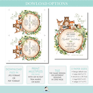 Rustic Greenery Woodland Animals Baby Shower Invitation Editable Template - Instant Download - WG2