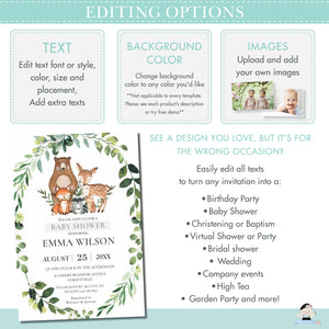 Rustic Greenery Woodland Animals Baby Shower Invitation Editable Template - Instant Download - WG2