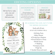 Load image into Gallery viewer, Chic Woodland Animals Greenery Baby Shower Invitation Editable Template - Digital Printable File - Instant Download - WG12