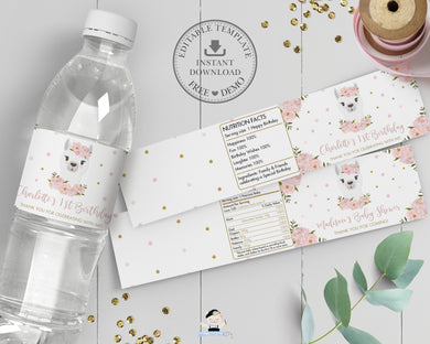 Chic Blush Pink Floral Llama Water Bottle Labels Editable Template - Digital Printable File - Instant Download - LM1