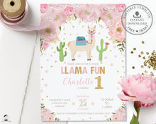 Load image into Gallery viewer, Chic Pink Floral Llama Fun Birthday Invitation Editable Template - Instant Download - Digital Printable File - LM1
