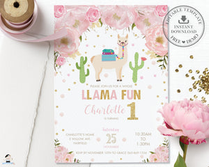 Chic Pink Floral Llama Fun Birthday Invitation Editable Template - Instant Download - Digital Printable File - LM1