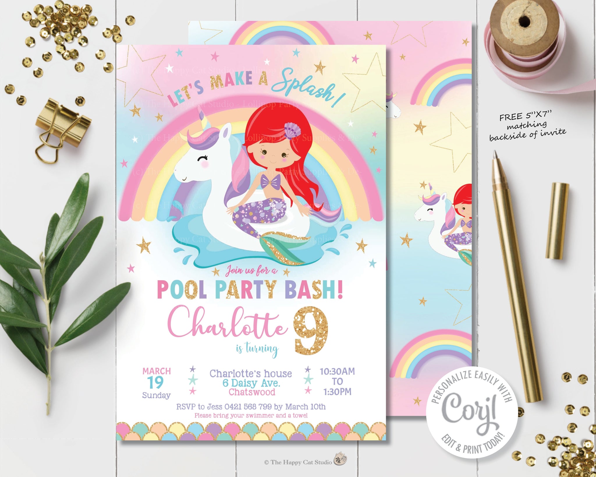 Mermaid and Unicorn Pool Party Birthday Invitation Red Hair - Instant – The  Happy Cat Studio