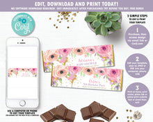 Load image into Gallery viewer, pink-floral-gold-glitter-woodland-fairy-hershey-aldi-chocolate-bar-candy-bar-wrapper-labels-editable-template-digital-printable-file-pdf-diy-instant-download