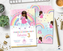 Load image into Gallery viewer, African american princess on a rainbow unicorn birthday party invitation editable template digital file