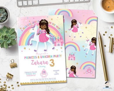 African american princess on a rainbow unicorn birthday party invitation editable template digital file