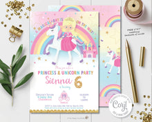 Load image into Gallery viewer, Blonde princess and rainbow unicorn birthday party personalized invitation editable template