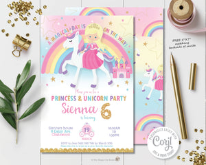 Blonde princess and rainbow unicorn birthday party personalized invitation editable template