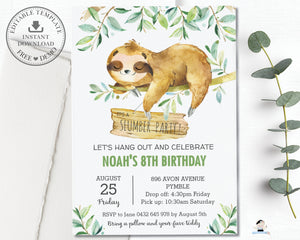 Cute Greeenery Sloth Sleepover Slumber Party Invitation Editable Template - Instant Download - SL2
