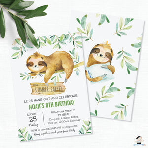 Cute Greeenery Sloth Sleepover Slumber Party Invitation Editable Template - Instant Download - SL2