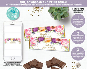 Summer Purple Floral Chocolate Candy Bar Wrapper for Hershey and Aldi Chocolates - Instant EDITABLE TEMPLATE Digital Printable File- PF1