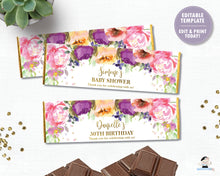 Load image into Gallery viewer, Summer Purple Floral Chocolate Candy Bar Wrapper for Hershey and Aldi Chocolates - Instant EDITABLE TEMPLATE Digital Printable File- PF1