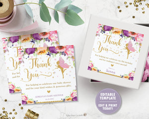 Chic Purple Floral Fairy Thank You Favor Tags Square 6.5cm - Editable Template - Digital Printable File - Instant Download - FF2