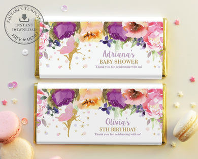 Summer Purple Floral Fairy Chocolate Candy Bar Wrapper for Hershey and Aldi Chocolates - Instant EDITABLE TEMPLATE Digital Printable File- FF2