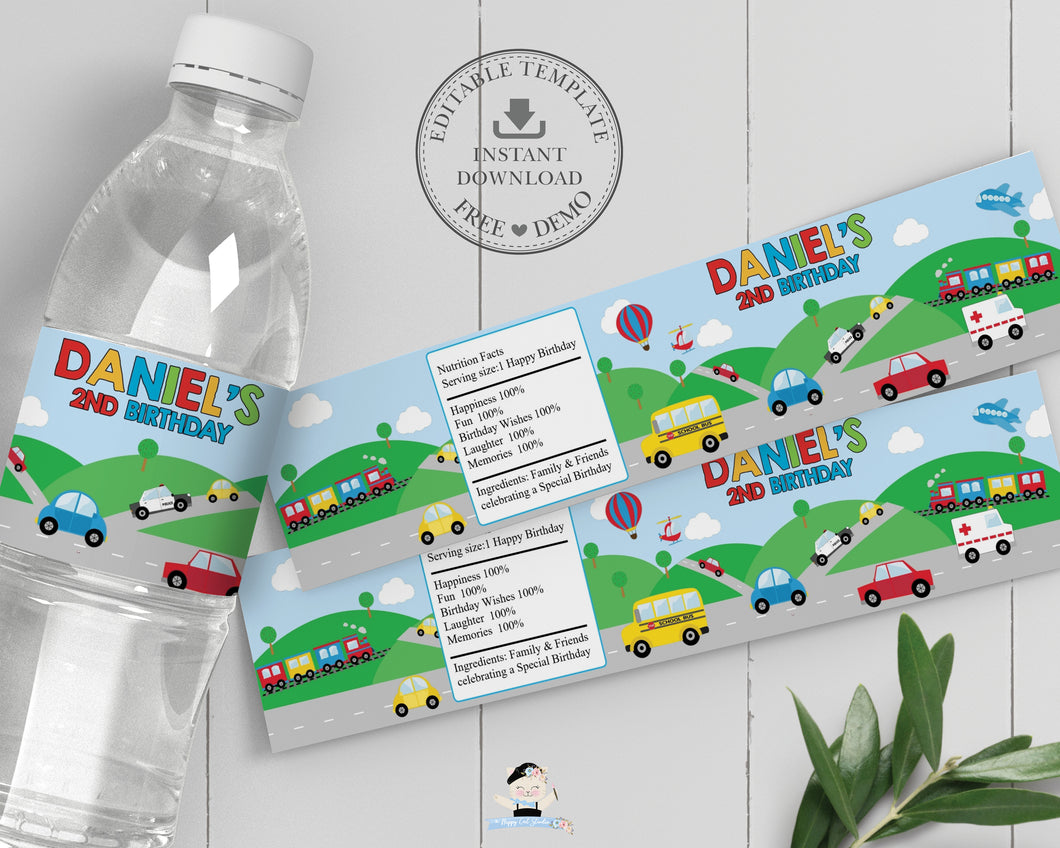 Transportation Birthday Party Water Bottle Labels - Instant EDITABLE TEMPLATE - TR1