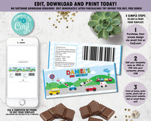 Load image into Gallery viewer, vibrant-and-colourful-transportation-birthday-party-chocolate-bar-wrappers-favours-for-aldi-mini-choceur-and-hersheys-editable-template-instant-download-digital-file