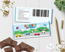 Load image into Gallery viewer, vibrant-and-colourful-transportation-birthday-party-chocolate-bar-wrappers-favours-for-aldi-mini-choceur-and-hersheys-editable-template-instant-download-digital-file-cars-trucks-trains-police-car-school-bus
