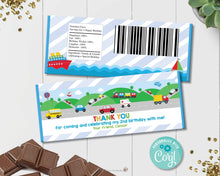 Load image into Gallery viewer, colourful-transportation-things-that-move-birthday-party-thank-you-favour-chocolate-bar-wrappers-for-aldi-mini-choceur-40g-and-hersheys-digital-file-editable-template-instant-download-car-train-truck-plane-bus