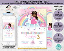 Load image into Gallery viewer, african american princess and unicorn birthday party editable invitation template