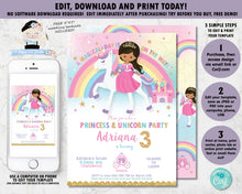 Load image into Gallery viewer, brown tan skin princess and unicorn birthday party editable invitation template printable file