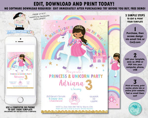 brown tan skin princess and unicorn birthday party editable invitation template printable file