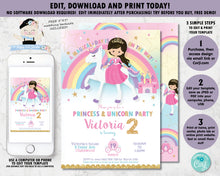 Load image into Gallery viewer, Princess and Unicorn Birthday Party Invitation Digital Printable Editable Template