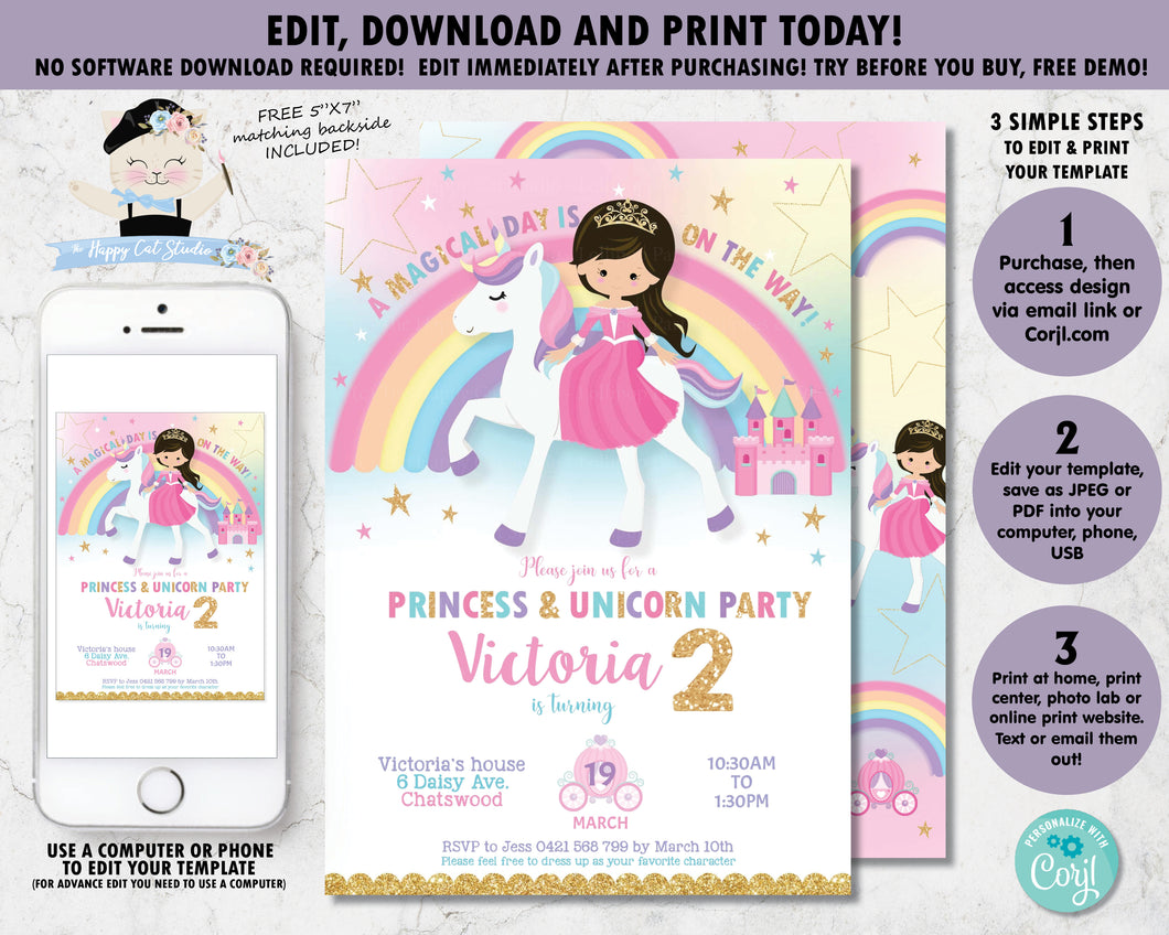 Princess and Unicorn Birthday Party Invitation Digital Printable Editable Template