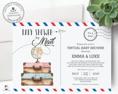 Postcard Style Adventure Begins Baby Shower by Mail Long Distance Invitation Editable Template - Instant Download - PC1