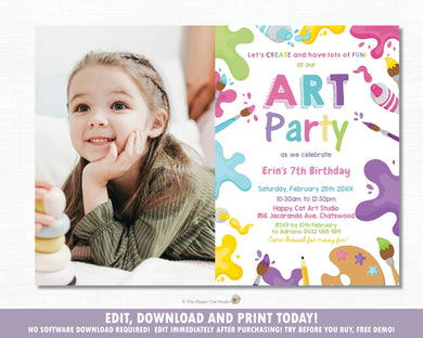 Pastel Art Party Girl Birthday Invitation with Photo EDITABLE TEMPLATE Digital Printable File Instant Download AP1