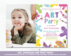 Pastel Art Party Girl Birthday Invitation with Photo EDITABLE TEMPLATE Digital Printable File Instant Download AP1
