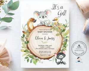 Chic Australian Animals Greenery Baby Shower Girl Boy Invitation - Editable Template - Digital Printable File - Instant Download - AU1