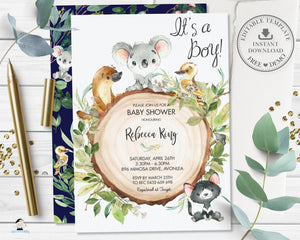 Cute Australian Animals Greenery Baby Shower Invitation - Editable Template - Digital Printable File - Instant Download - AU1