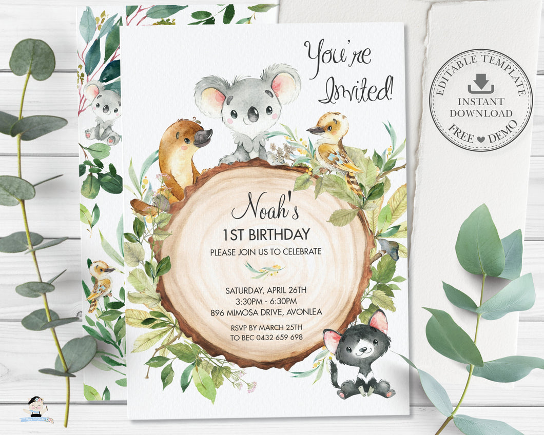 Australian Animals Koala Platypus Birthday Party Invitation - Editable Template - Digital Printable File - Instant Download - AU1