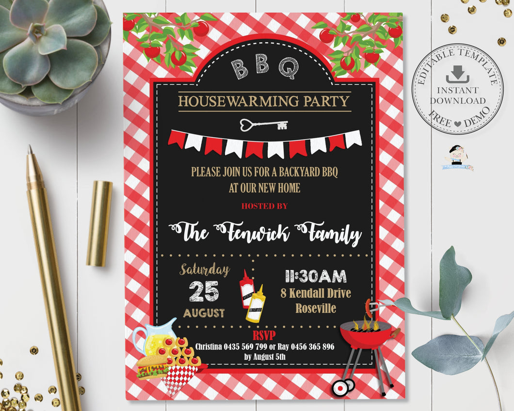 Backyard BBQ Housewarming Party Invitation Editable Template - Instant Download - Digital Printable File - BQ1
