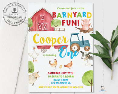 Farm Animals Barnyard Fun Personalized 1st Birthday Party Invitation - DIY Editable Template - Instant Download - BY1