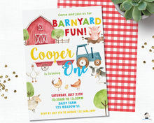 Load image into Gallery viewer, Farm Animals Barnyard Fun Personalized 1st Birthday Party Invitation - DIY Editable Template - Instant Download - BY1