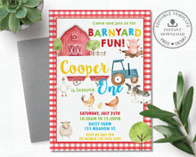 Load image into Gallery viewer, Farm Animals Barnyard Fun Red Gingham Personalized First Birthday Party Invitation - DIY Editable Template - Instant Download - BY1