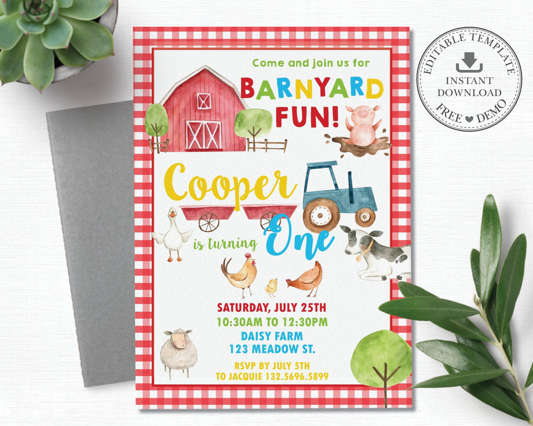 Farm Animals Barnyard Fun Red Gingham Personalized First Birthday Party Invitation - DIY Editable Template - Instant Download - BY1