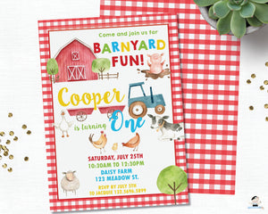 Farm Animals Barnyard Fun Red Gingham Personalized First Birthday Party Invitation - DIY Editable Template - Instant Download - BY1