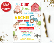 Load image into Gallery viewer, Farm Animals Barnyard Personalized Birthday Party Invitation - DIY Editable Template - Instant Download - BY1