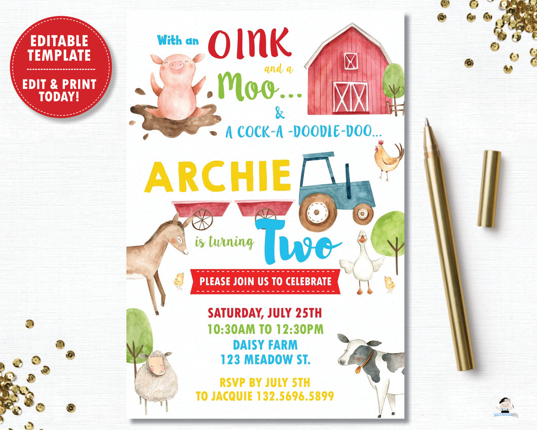 Farm Animals Barnyard Personalized Birthday Party Invitation - DIY Editable Template - Instant Download - BY1