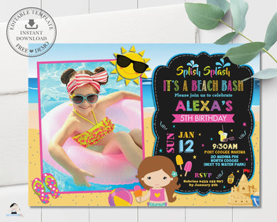 Girl Beach Bash Pool Party Birthday Invitation Editable Template - Instant Download - Digital Printable File - PL1