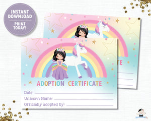 Adopt a Unicorn Sign and Adoption Certificate Card - Black Hair Princess and Unicorn -Instant Download - PU1